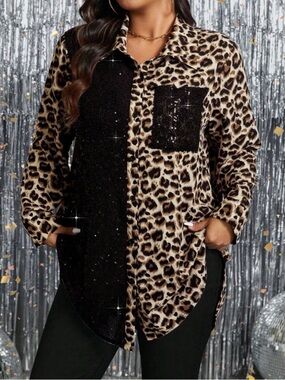 SHEIN Leopard Print Button-Up Blouse with Black Sequin Panel
